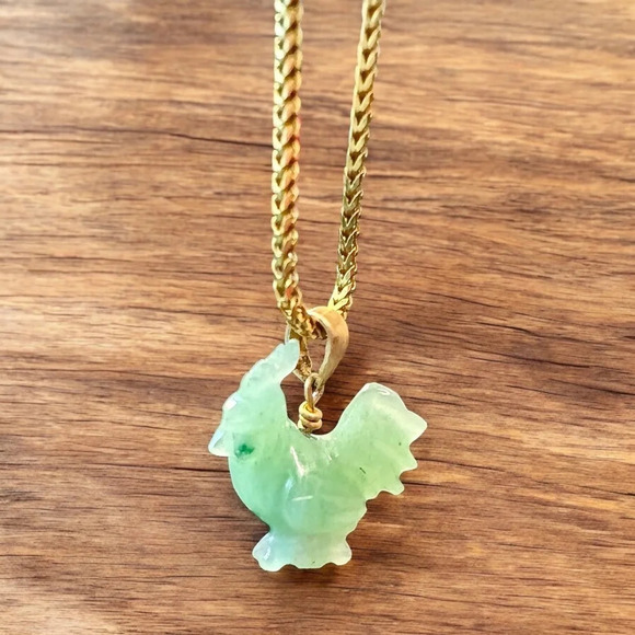 Natural Jade Carved Rooster & Gold Over Sterling Chain (20”) - Picture 7 of 11